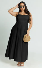 Brette Midi Dress - Linen Straight Neck Strappy Fit And Flare Dress in Black