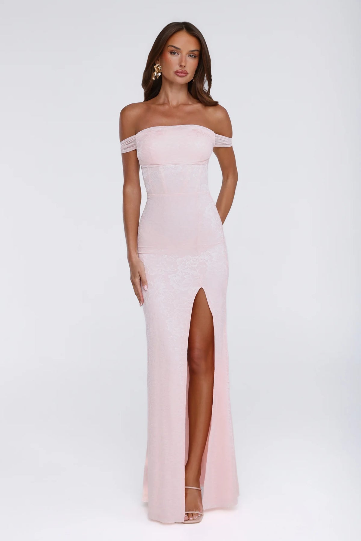 Night Bloom Off Shoulder Maxi Dress Pink