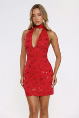 Glow Moment Halter Lace Mini Dress Red