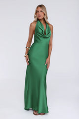 Cherry Whirl Satin Halter Maxi Dress Emerald