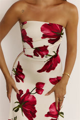 Floral Satin Strapless Folded Maxi Dress Red