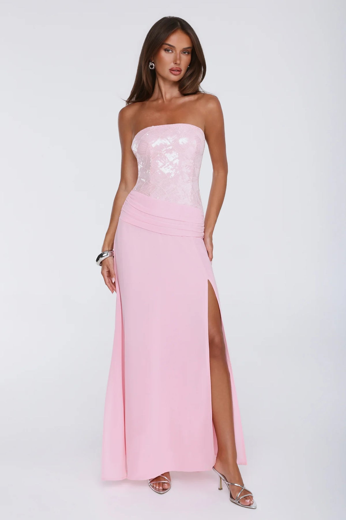 Shine Into Midnight Strapless Sequin Maxi Dress Pink