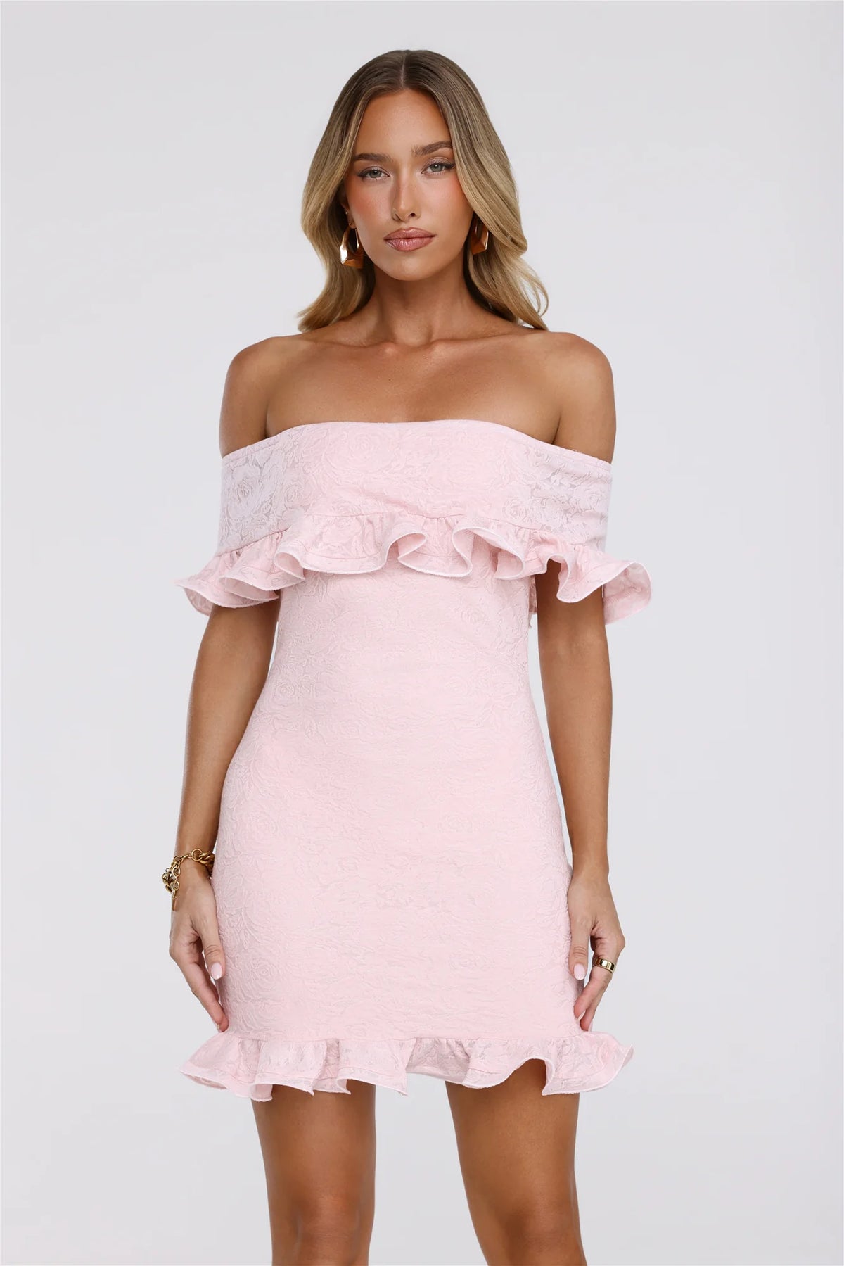 Glimmering Noir Off Shoulder Lace Mini Dress Pink