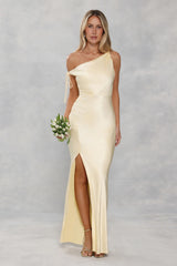 The Clover Off Shoulder Satin Maxi Dress Yellow