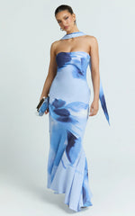 Angie Maxi Dress - Strapless Bias Column Dress with Scarf in Blue Print
