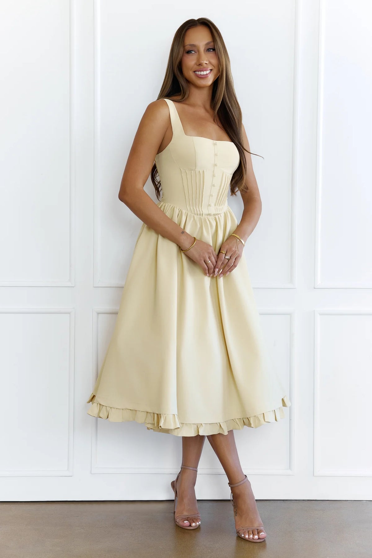 Chic Pleated Corset Bodice Midi Dress Yellow