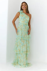 Bloom And Flow One Shoulder Tiered Maxi Dress Green
