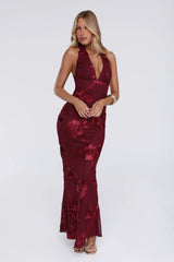 Lime Light Mesh Halter Maxi Dress Wine