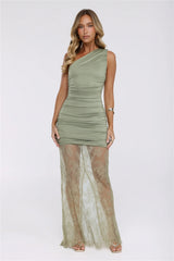 Headliner Muse One Shoulder Lace Maxi Dress Green