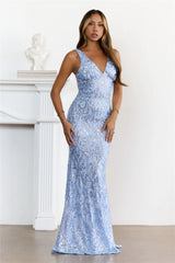 Enchanted Sequin V-Neck Back Tie Maxi Dress Blue