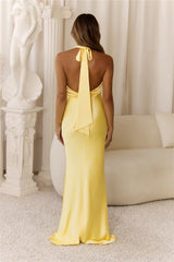 Light Bloom Satin Halter Maxi Dress Yellow