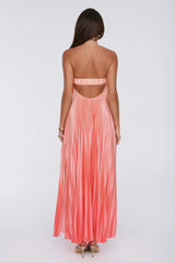 Warm Wishes Strapless Satin Pleated Maxi Dress Peach
