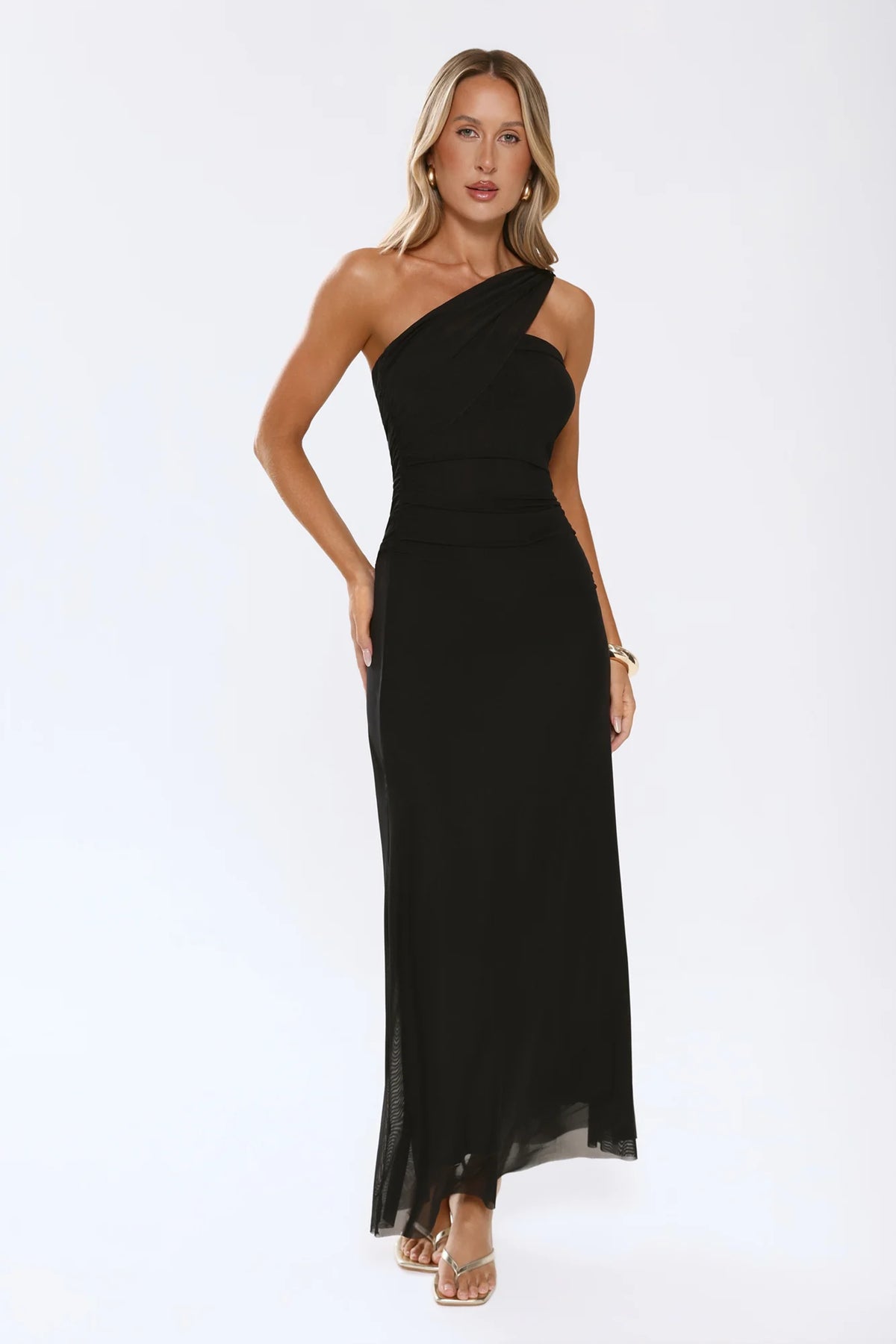 Evening Allure Mesh Strapless Maxi Dress Black