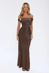 Power Pose Ready Off Shoulder Maxi Dress Brown
