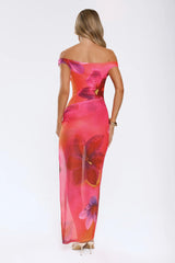 Understated Dreaming Mesh Off Shoulder Maxi Dress Pink