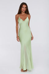 Couture Evening Satin Maxi Dress Green