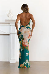 Dreamy Floral Cowl Neck Halter Maxi Dress Green