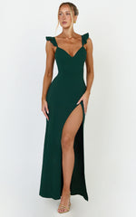 More Than This Maxi Dress - Ruffle Strap Thigh Split Dress in Emerald