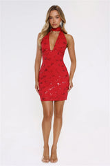 Glow Moment Halter Lace Mini Dress Red
