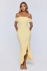 Daily Glow Off Shoulder Mesh Midi Dress Yellow