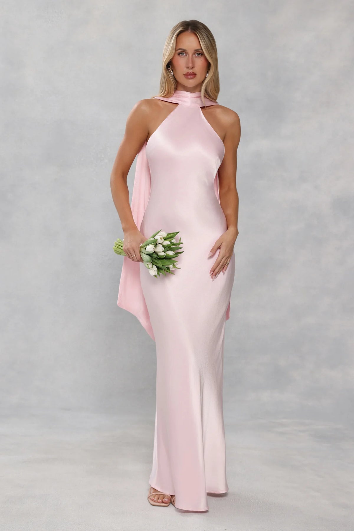 The Vivia Halter Satin Maxi Dress Light Pink