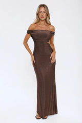 Power Pose Ready Off Shoulder Maxi Dress Brown