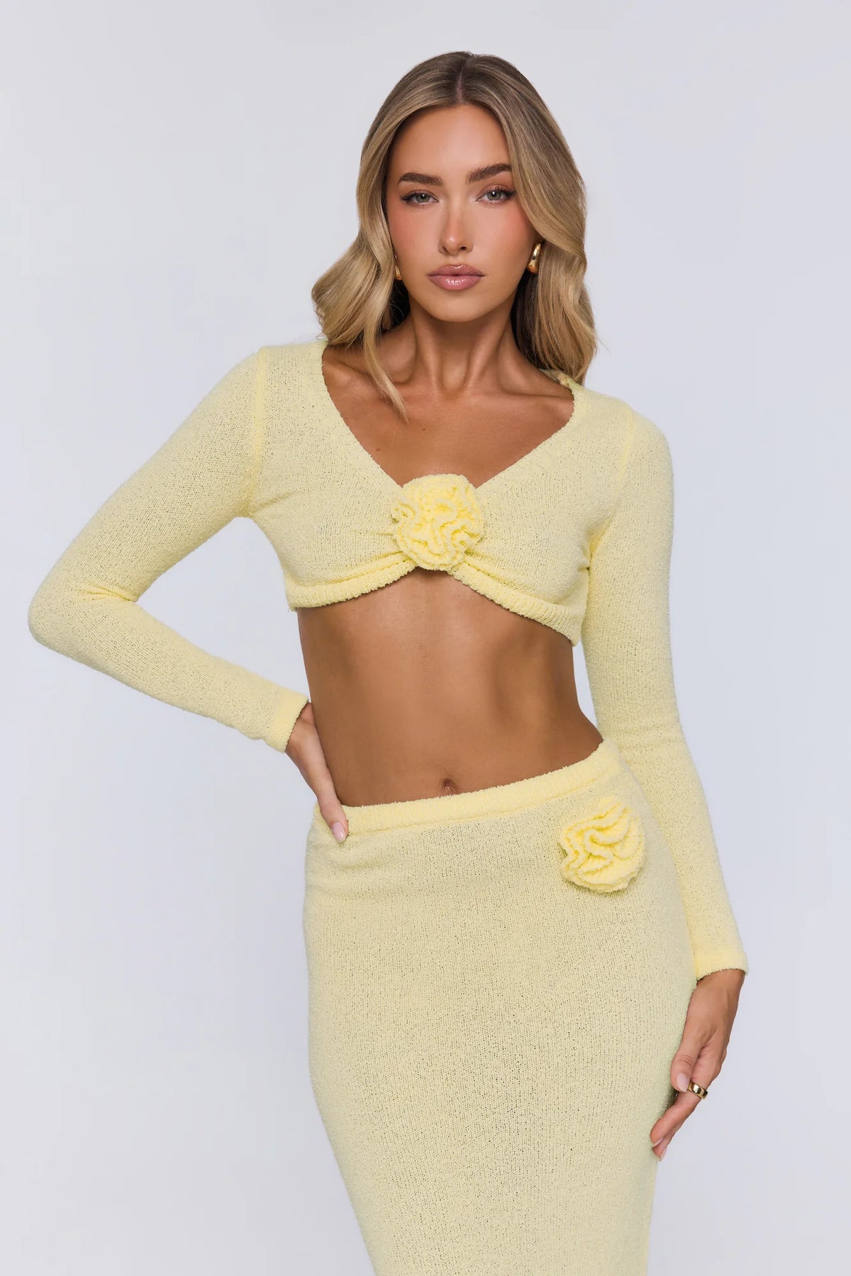 Sun Rose Knit Long Sleeve Crop Top Yellow