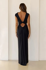 Sultry Draped One Shoulder Maxi Dress Black