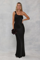The Zafira One Shoulder Satin Maxi Dress Black
