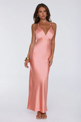 Pearl Indulgence Satin Maxi Dress Peach