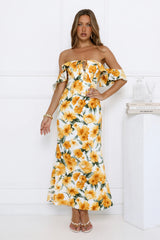 Sunflowers Off Shoulder Midi Dress Yellow
