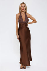 Wardrobe Defined Halter Satin Maxi Dress Brown
