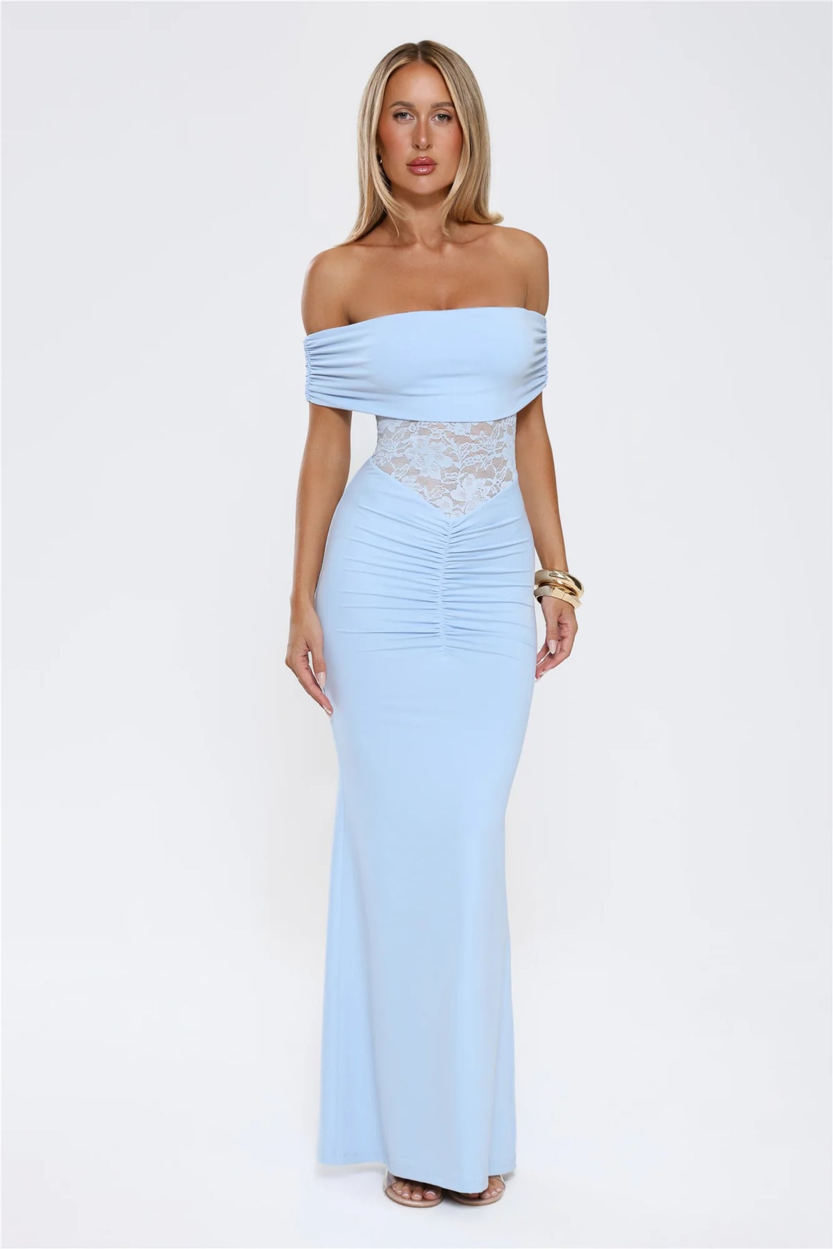 Delicate Glow Lace Off Shoulder Maxi Dress Blue
