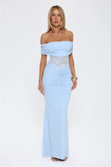 Delicate Glow Lace Off Shoulder Maxi Dress Blue