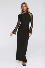 Effortlessly Influential Off Shoulder Mesh Long Sleeve Maxi Dress Black