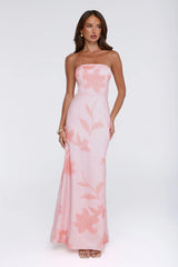 Warm Waves Strapless Satin Maxi Dress Peach Floral Print