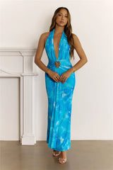 Pretty Wins Halter Mesh Maxi Dress Blue