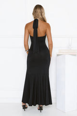 Sultry Halter Split Knit Maxi Dress Black