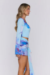 Wave Kiss Sheer Long Sleeve Top Blue