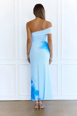 Always Winning Off Shoulder Mesh Maxi Dress Blue