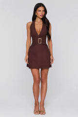 Just Enough Attitude Halter Mini Dress Brown