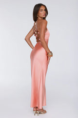 Pearl Indulgence Satin Maxi Dress Peach