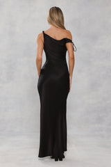 The Clover Off Shoulder Satin Maxi Dress Black