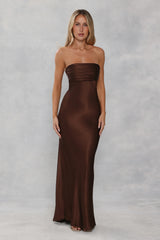 The Seraphina Strapless Satin Maxi Dress Chocolate Brown