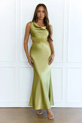 City Silhouette Satin Maxi Dress Olive