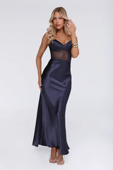 Silky Silk Satin Maxi Dress Navy