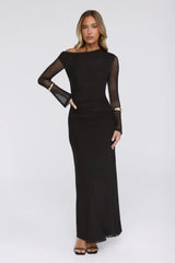 Effortlessly Influential Off Shoulder Mesh Long Sleeve Maxi Dress Black