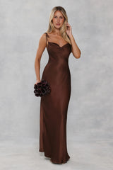 The Penelope Cowl Satin Maxi Dress Chocolate Brown